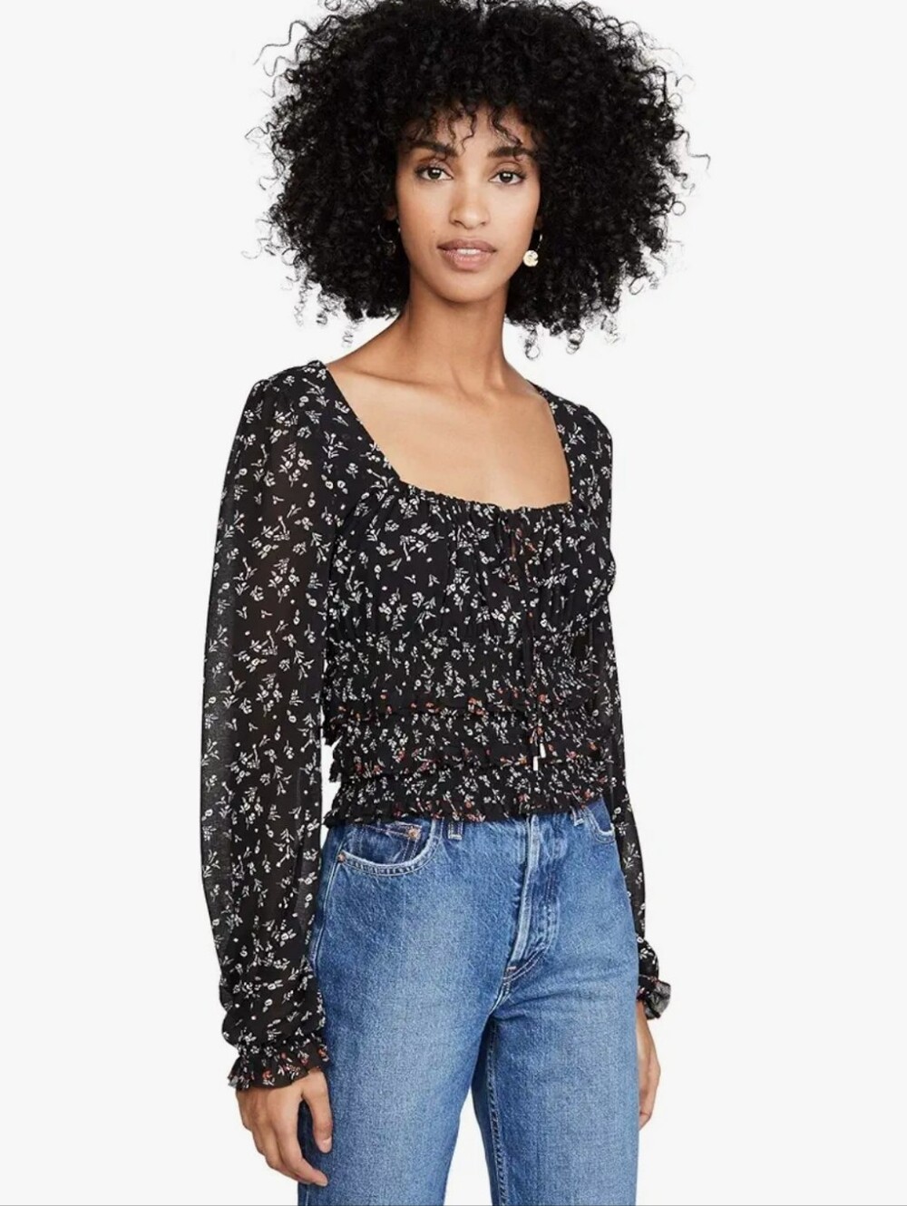 Free People Ruched Square Neck Black Floral Long Sleeve Lolita Blouse XS